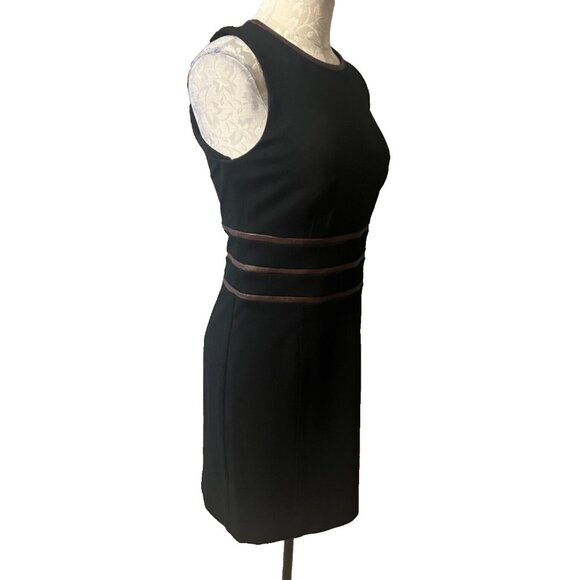 Ralph Lauren Sheath Dress 8 Black Brown Leather Trim Career Stretch Sleeveless - Picture 3 of 6